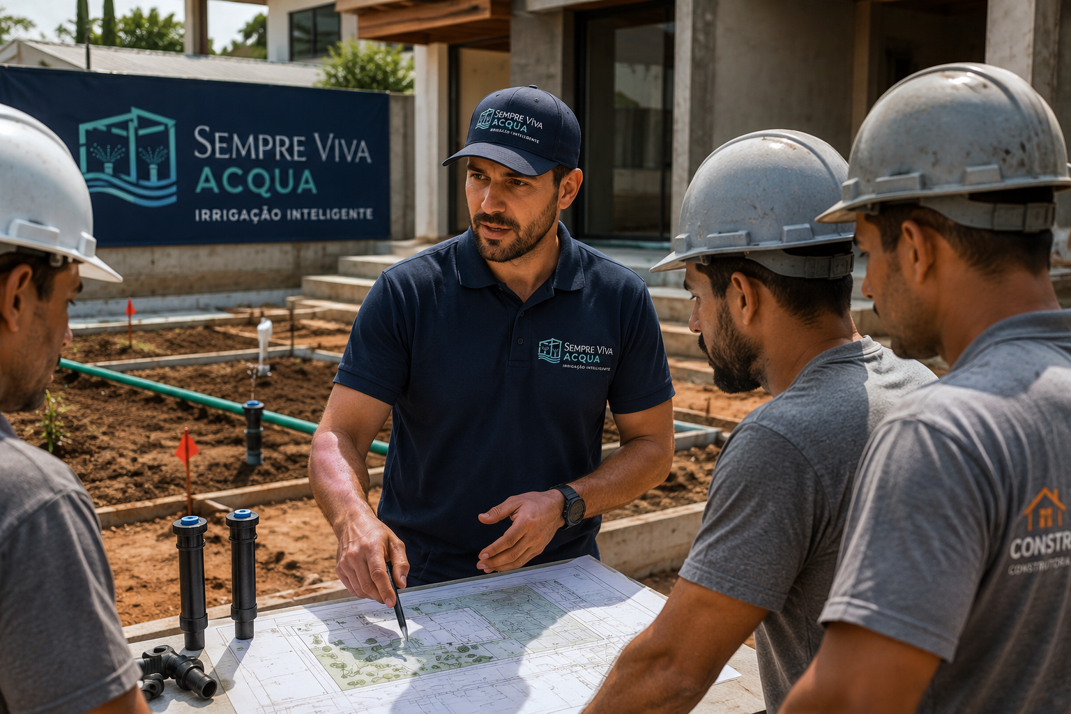 Técnico realizando orientação da equipe de obras da residência